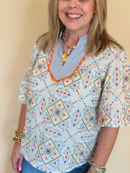 Slate Multi Print Embroidered Top