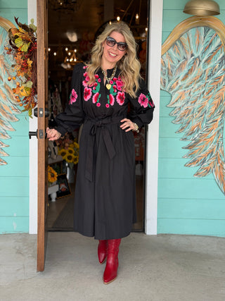 Black Floral Embroidered Bodice Midi Dress
