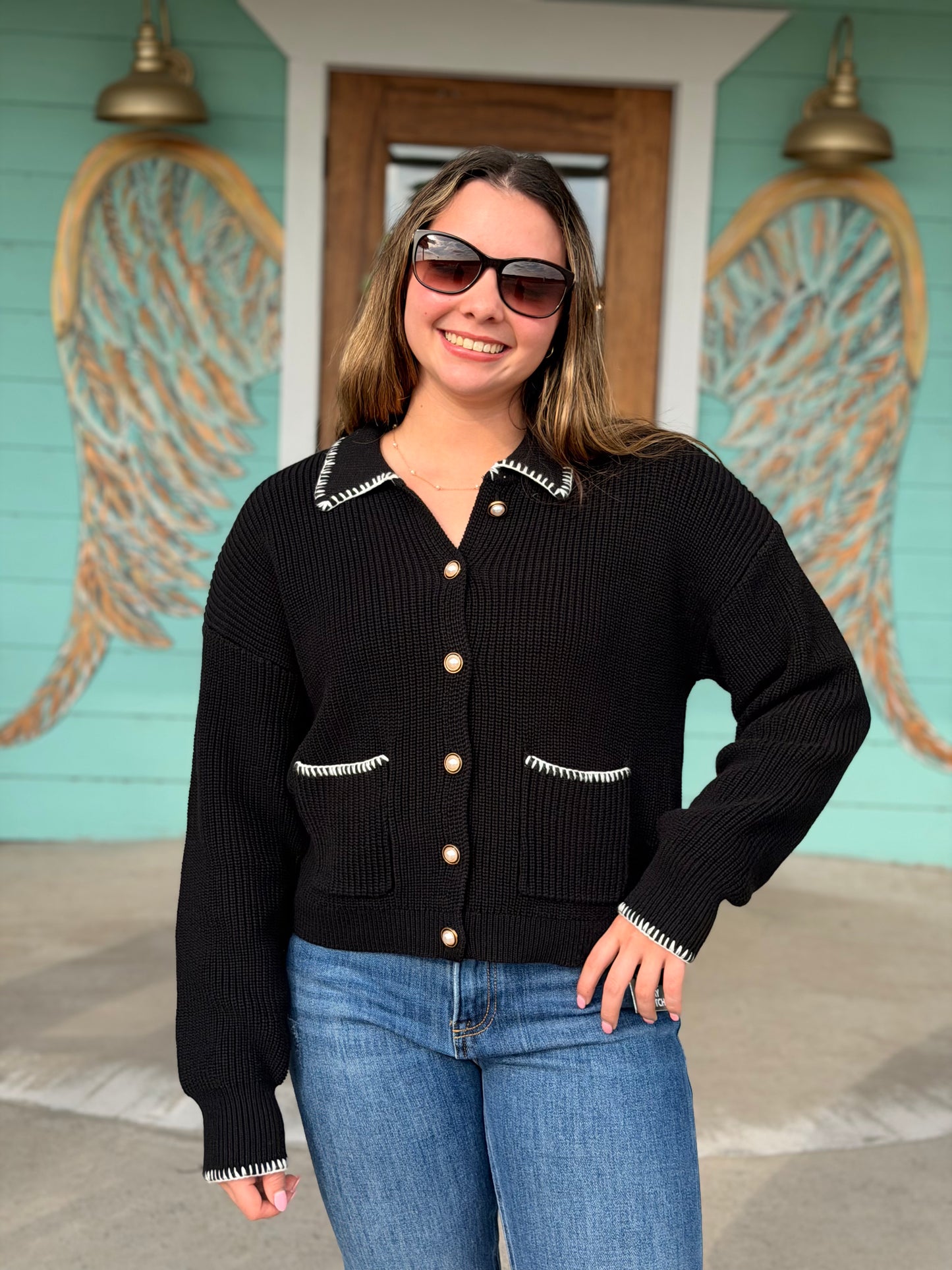 Black Stitch Pearl Detail Cardigan