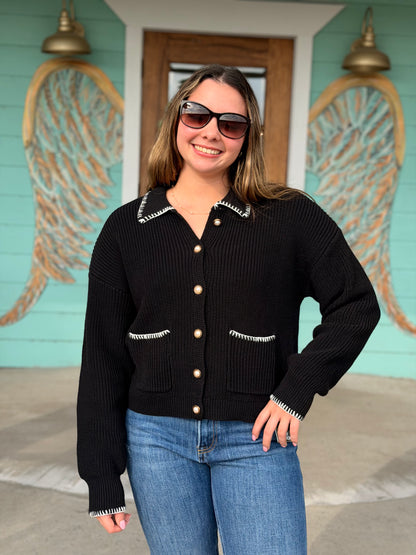 Black Stitch Pearl Detail Cardigan
