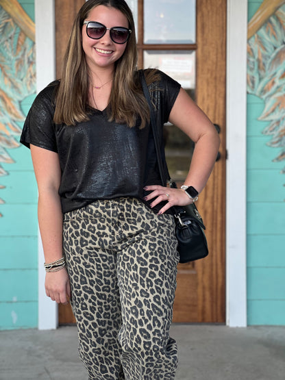 Metallic Black V-Neck Top