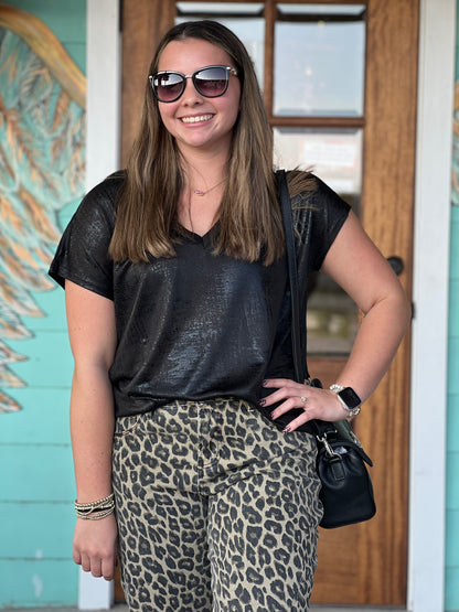 Metallic Black V-Neck Top