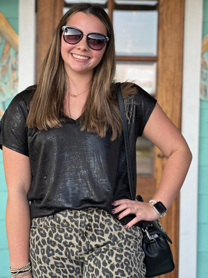 Metallic Black V-Neck Top