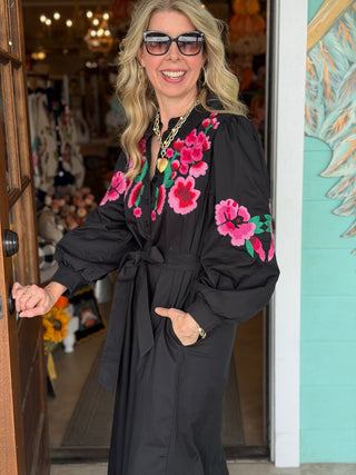 Black Floral Embroidered Bodice Midi Dress