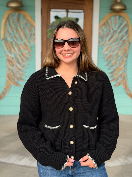 Black Stitch Pearl Detail Cardigan