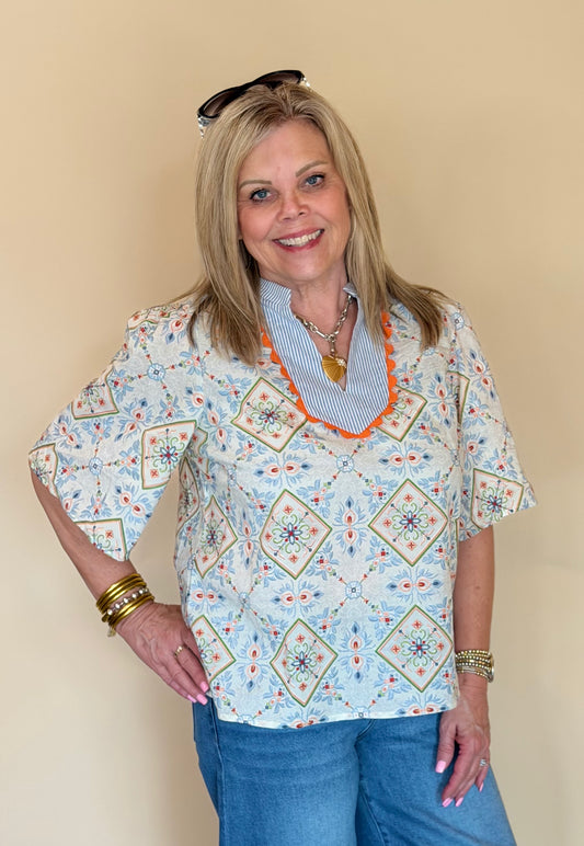 Slate Multi Print Embroidered Top