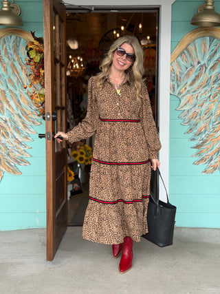 Leopard Print Red Stripe Detail Midi Dress