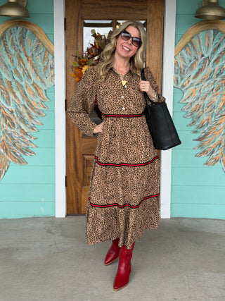 Leopard Print Red Stripe Detail Midi Dress