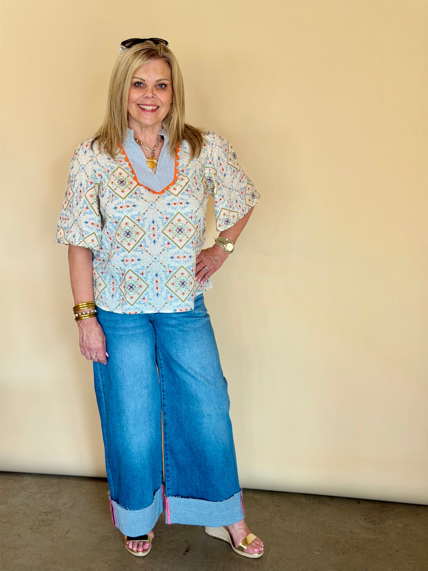 Slate Multi Print Embroidered Top