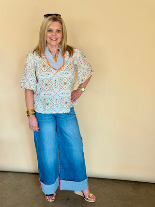 Slate Multi Print Embroidered Top