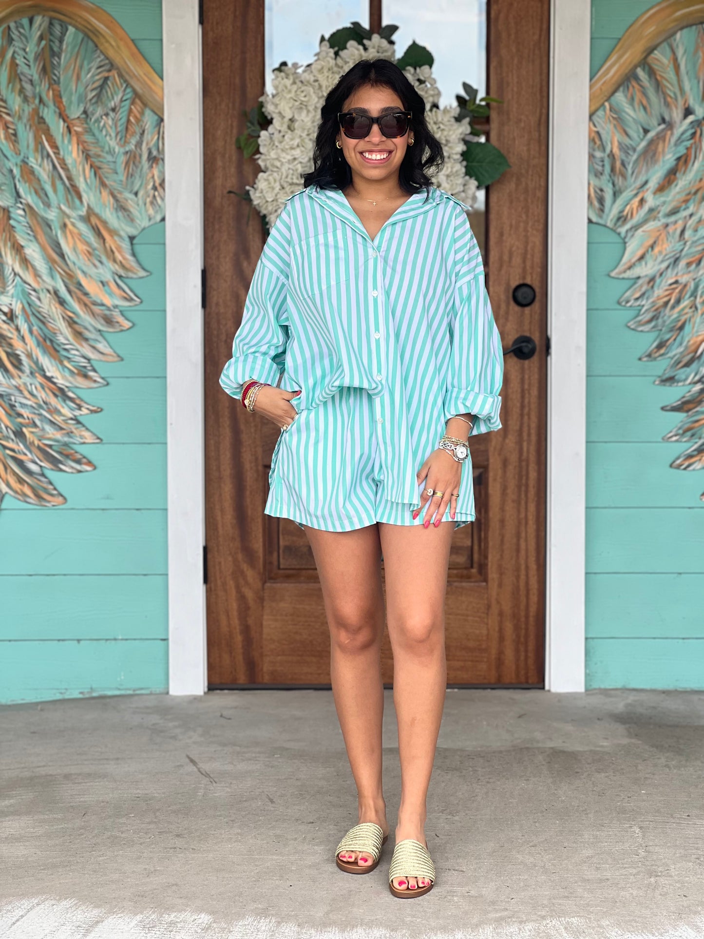 Mint Striped Poplin Top & Short Set