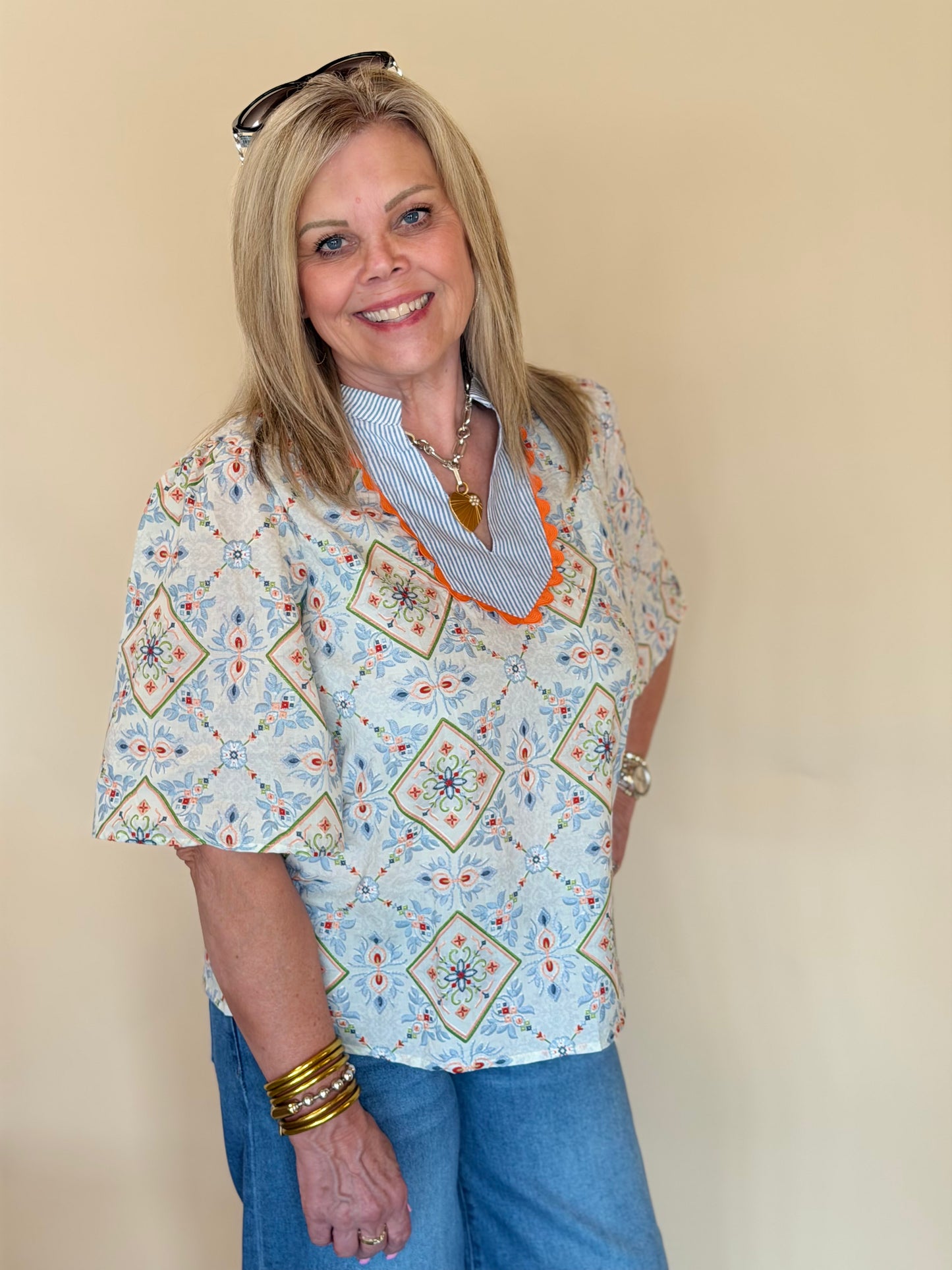 Slate Multi Print Embroidered Top