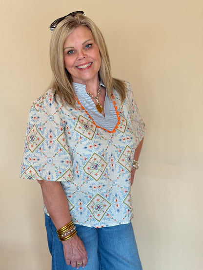 Slate Multi Print Embroidered Top