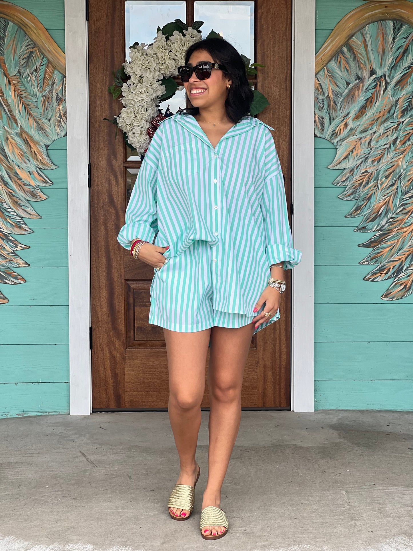 Mint Striped Poplin Top & Short Set