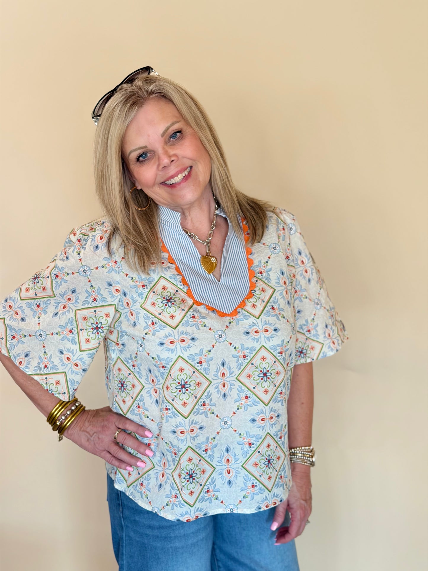 Slate Multi Print Embroidered Top