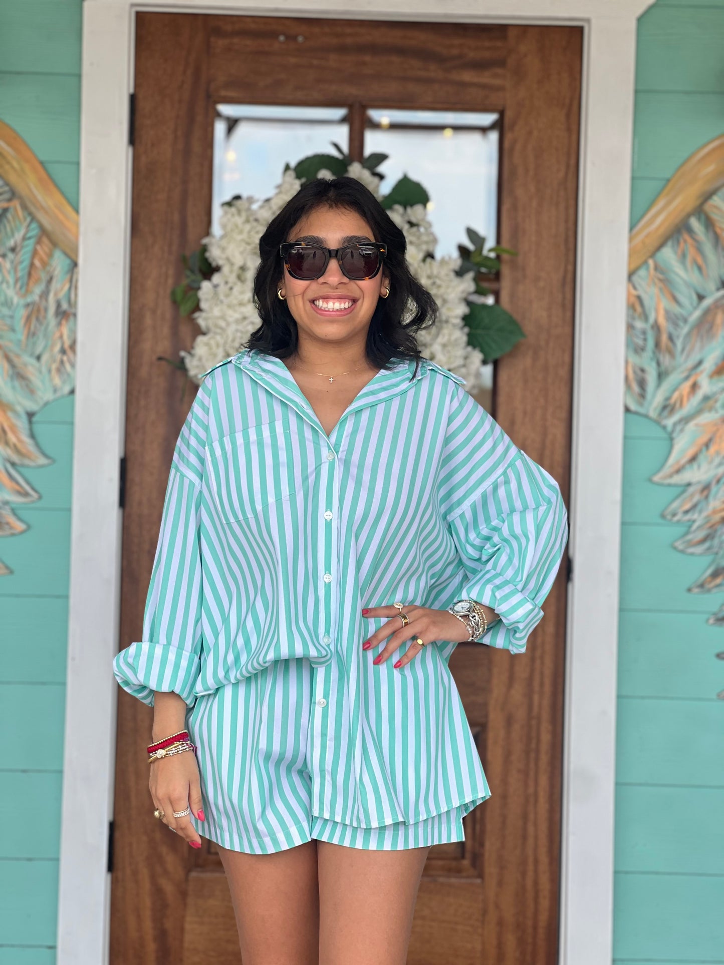Mint Striped Poplin Top & Short Set