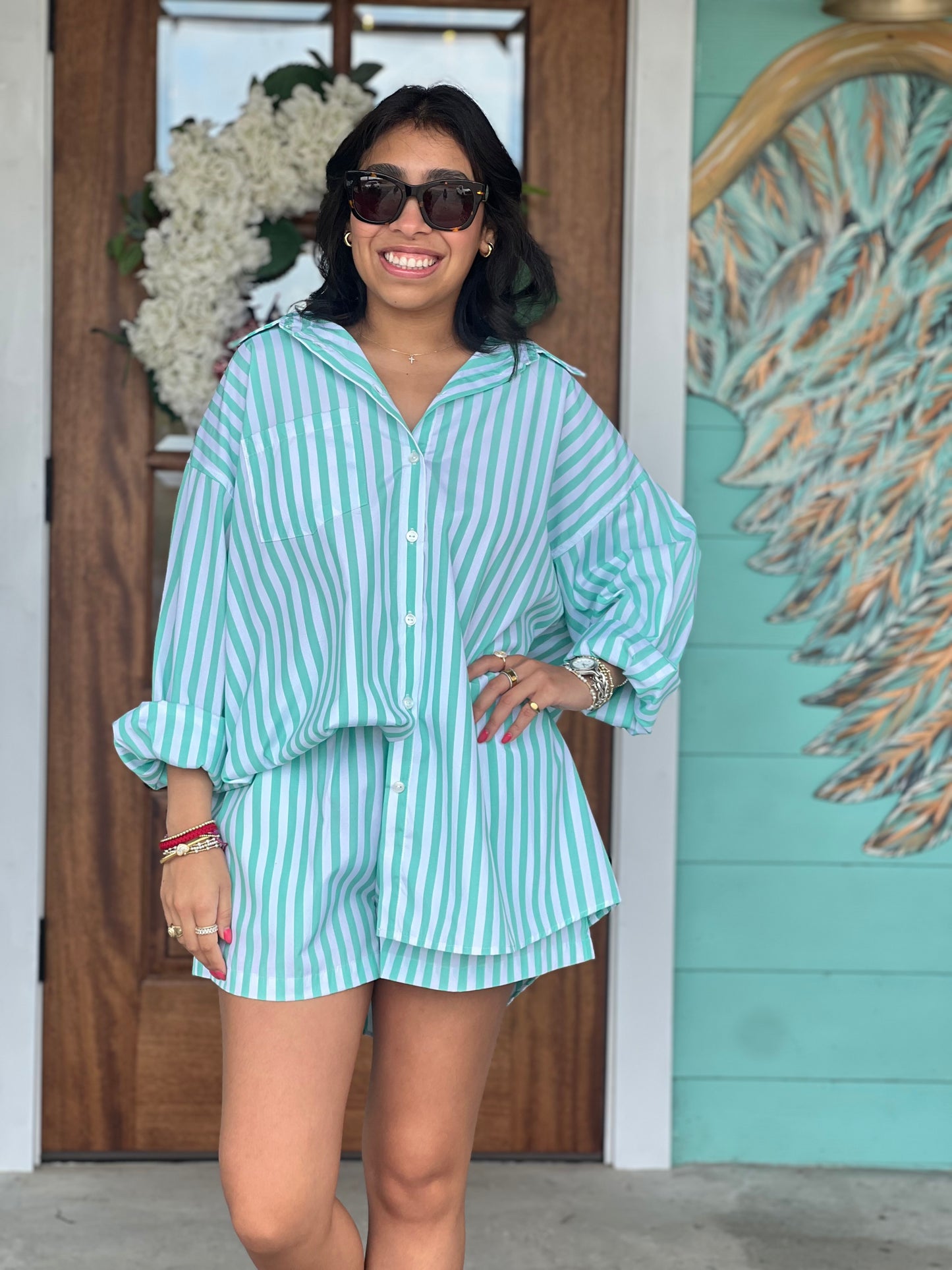 Mint Striped Poplin Top & Short Set