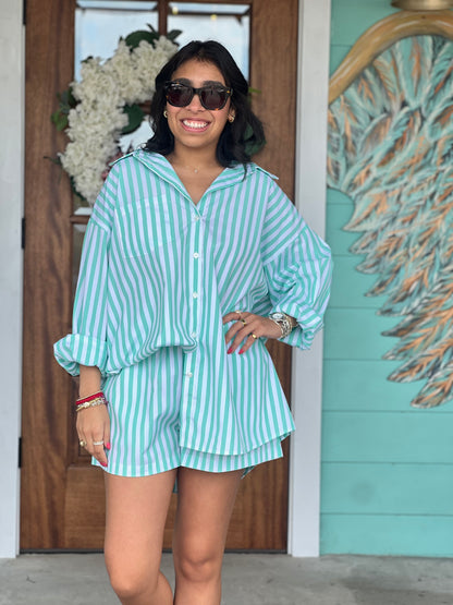 Mint Striped Poplin Top & Short Set