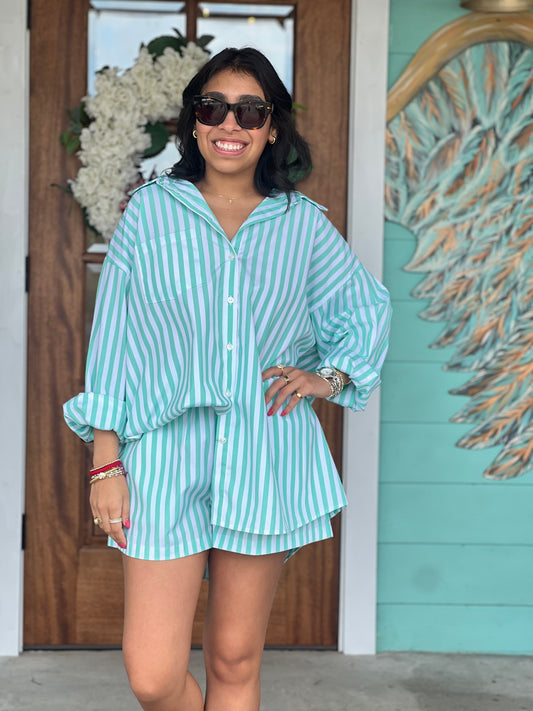 Mint Striped Poplin Top & Short Set