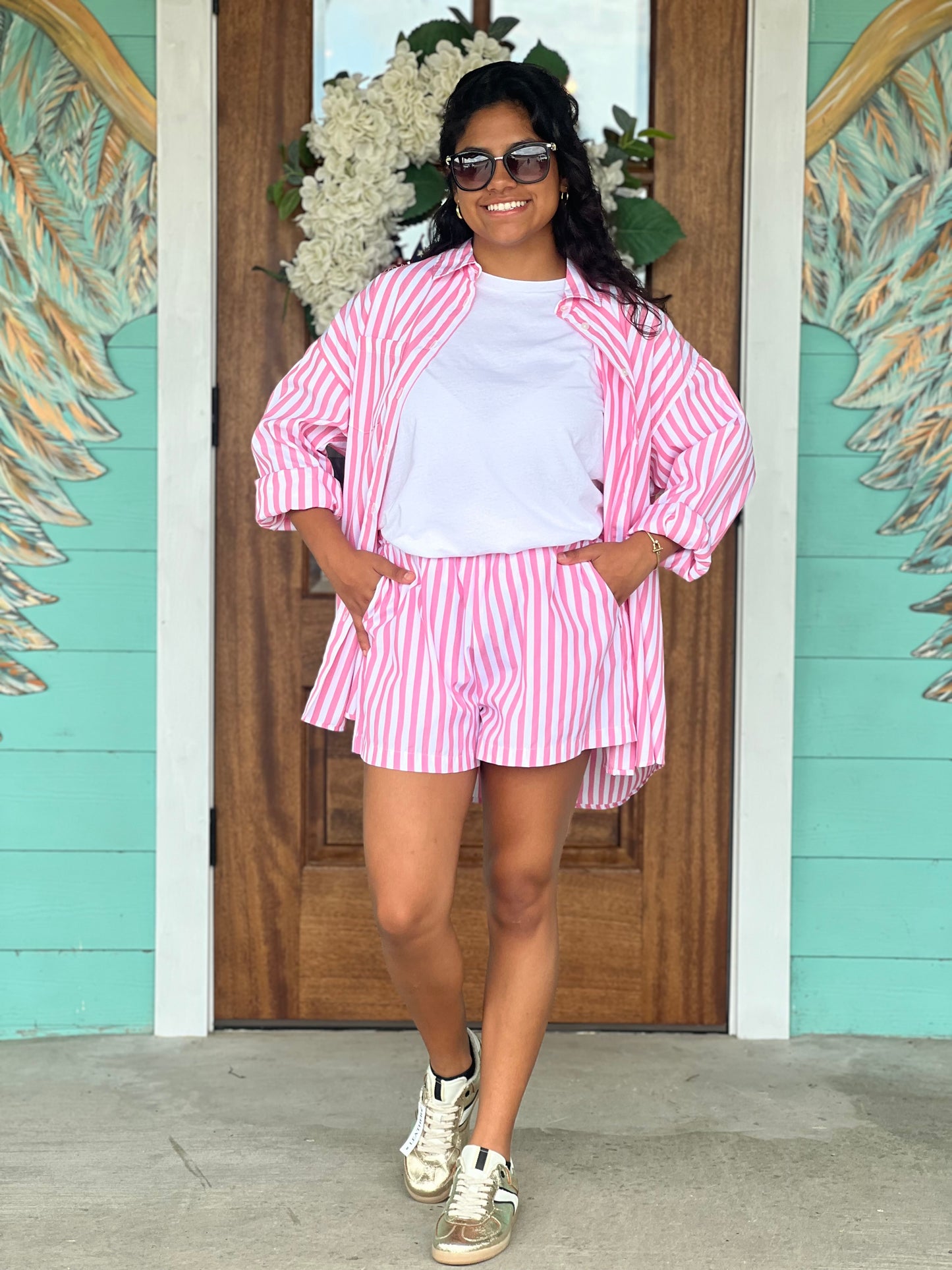 Pink Striped Poplin Top & Short Set