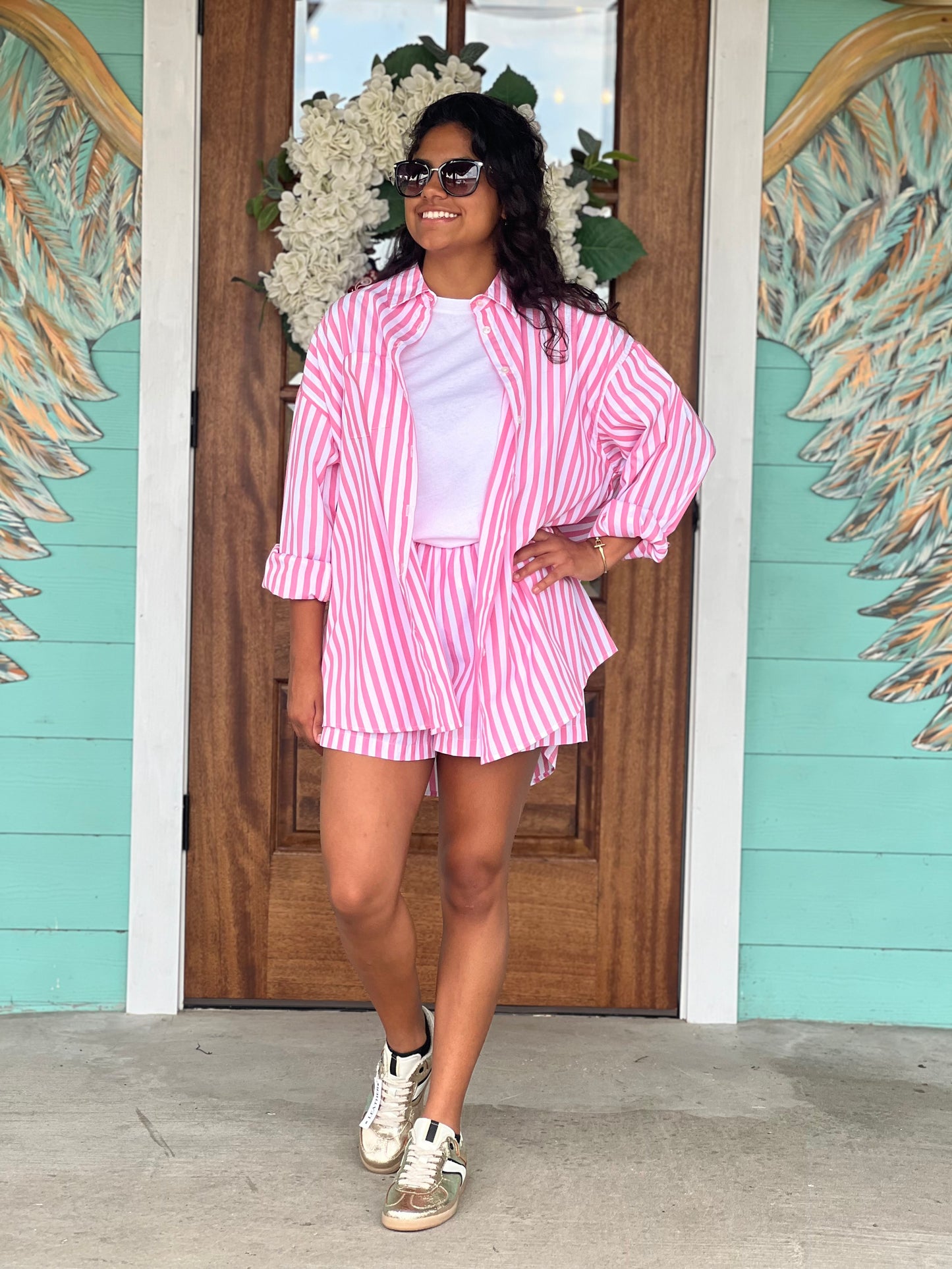 Pink Striped Poplin Top & Short Set