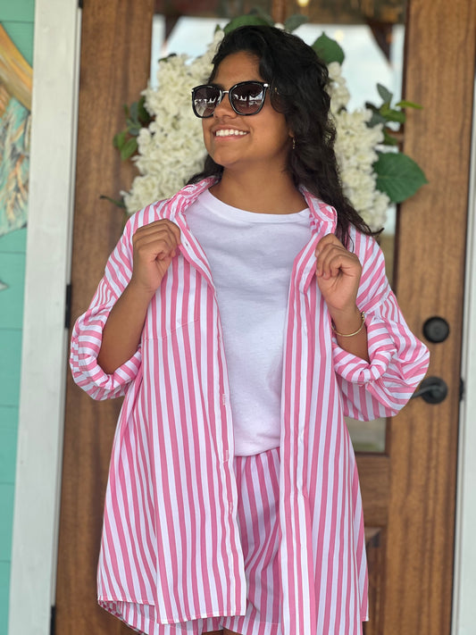 Pink Striped Poplin Top & Short Set