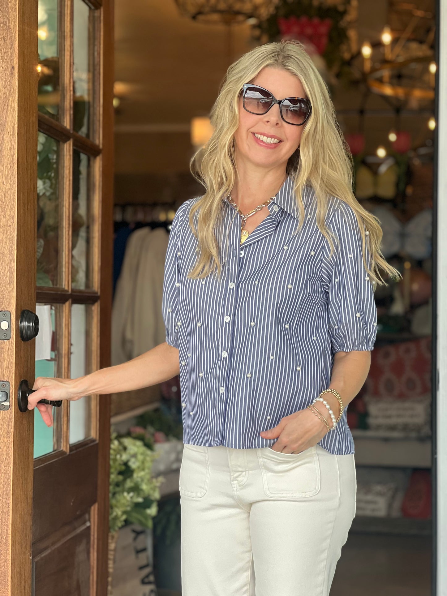 Navy Stripe Pearl Embellished Top