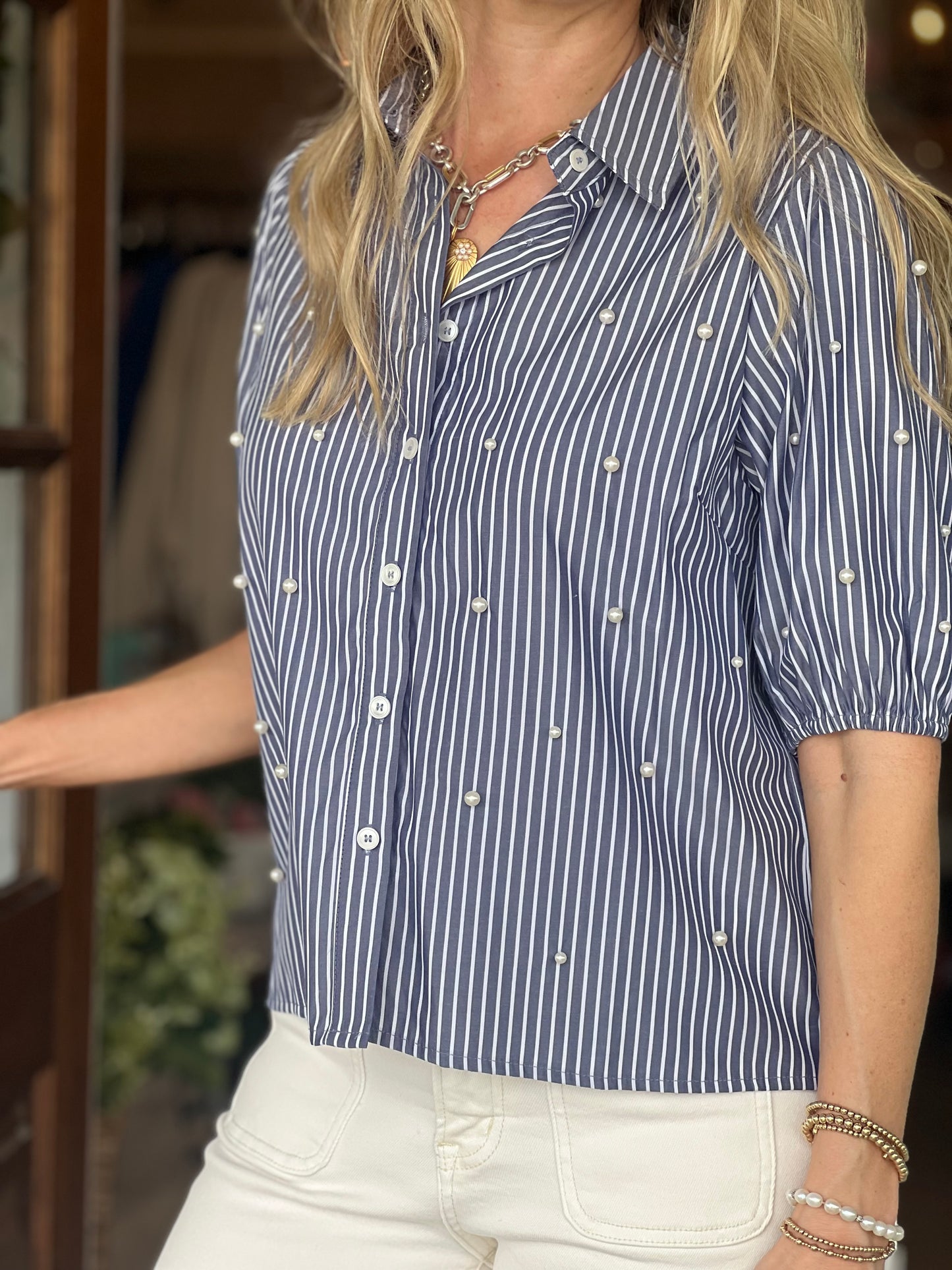 Navy Stripe Pearl Embellished Top