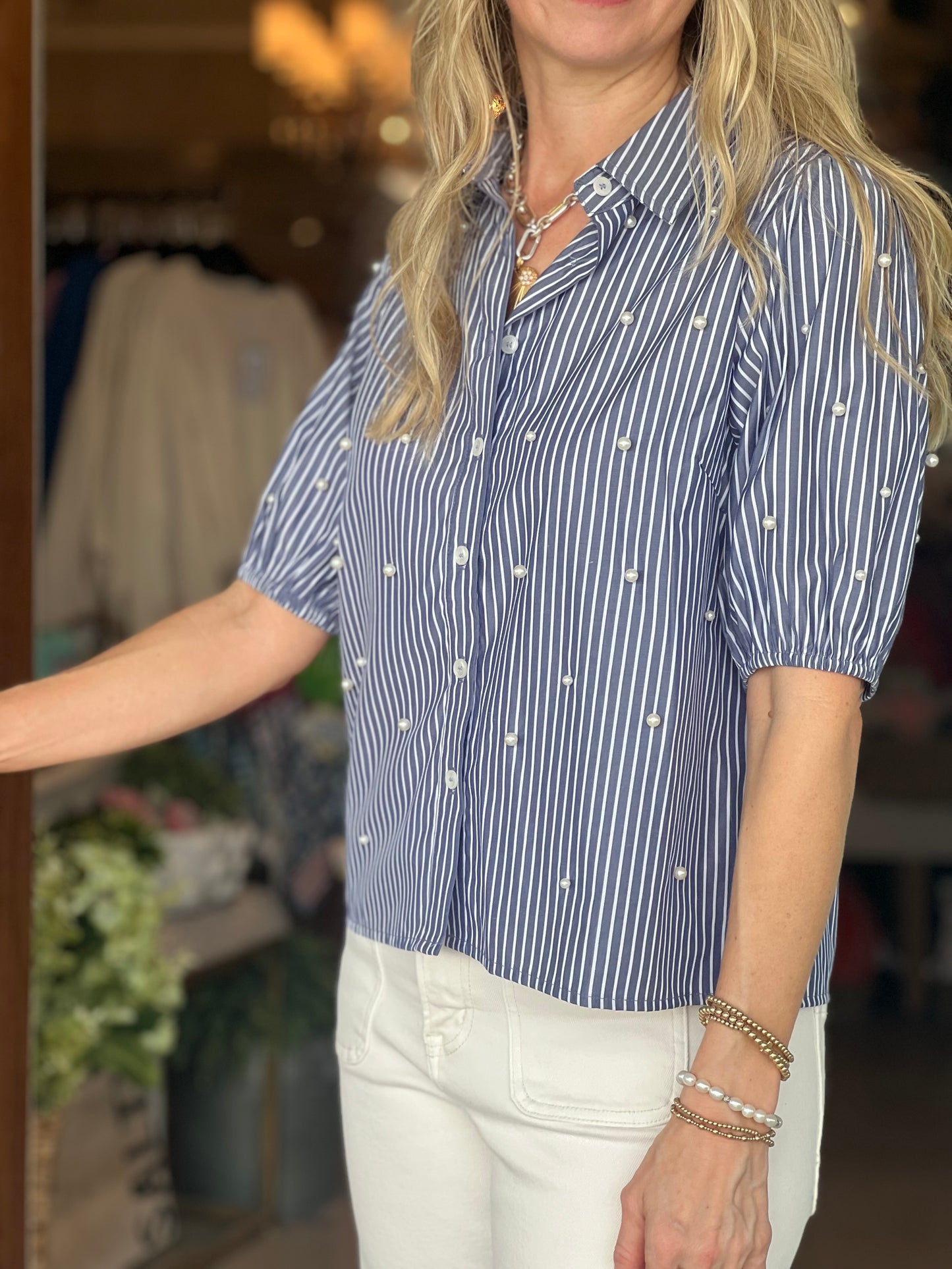 Navy Stripe Pearl Embellished Top