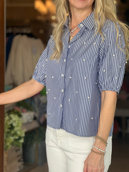 Navy Stripe Pearl Embellished Top
