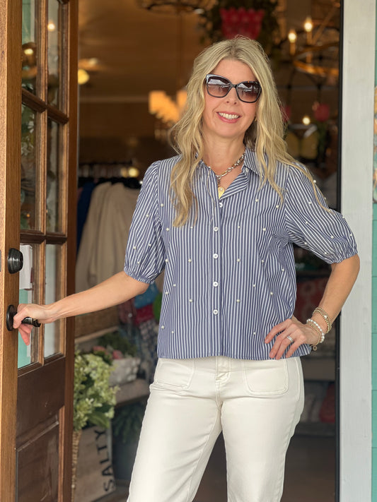 Navy Stripe Pearl Embellished Top