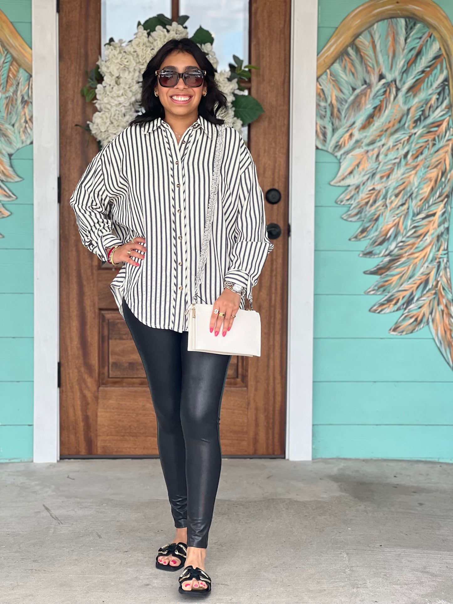 Navy Striped Long Sleeve Button Shirt