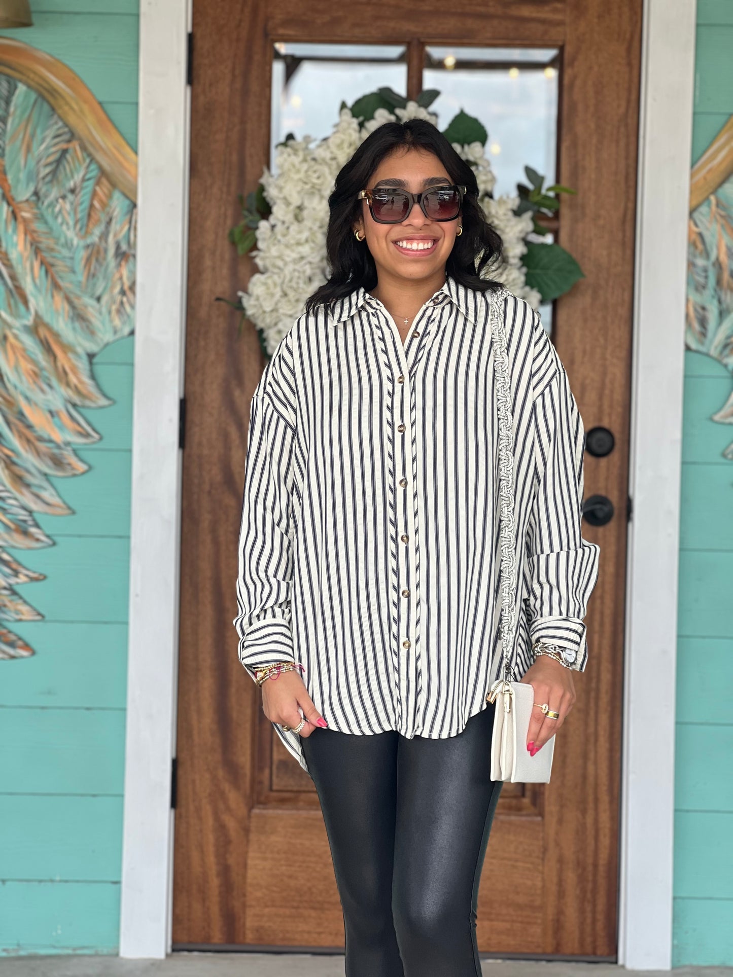 Navy Striped Long Sleeve Button Shirt