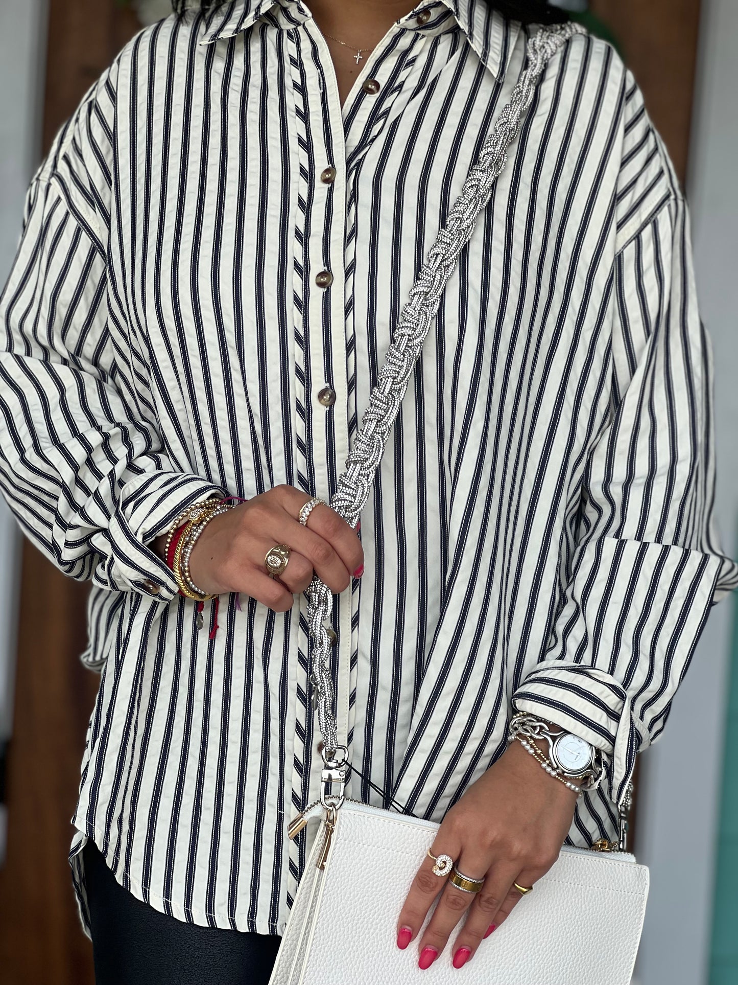 Navy Striped Long Sleeve Button Shirt
