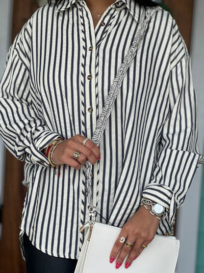 Navy Striped Long Sleeve Button Shirt