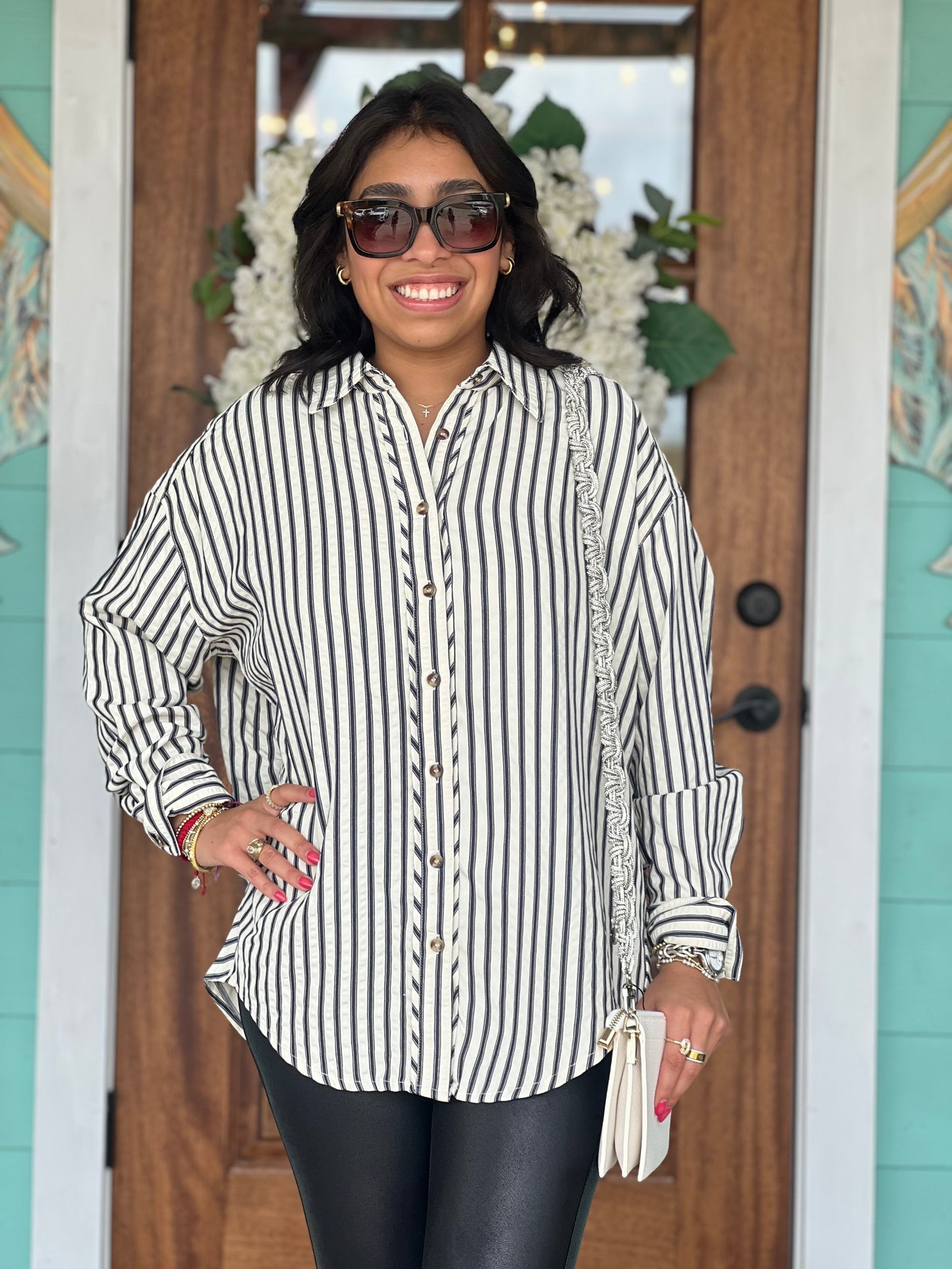 Navy Striped Long Sleeve Button Shirt