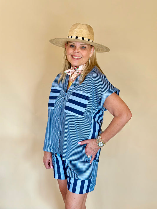 Navy & Blue Striped Camila Shorts