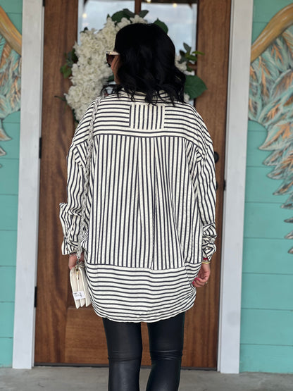 Navy Striped Long Sleeve Button Shirt