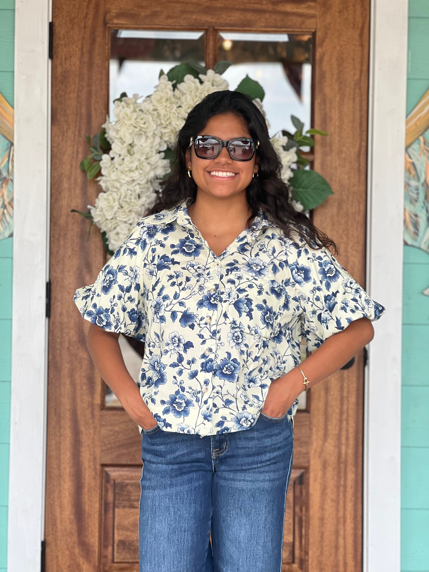 Navy Floral Print Puff Sleeve Top
