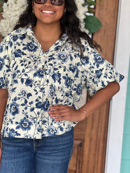 Navy Floral Print Puff Sleeve Top