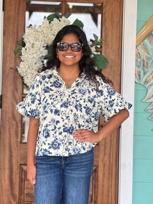 Navy Floral Print Puff Sleeve Top
