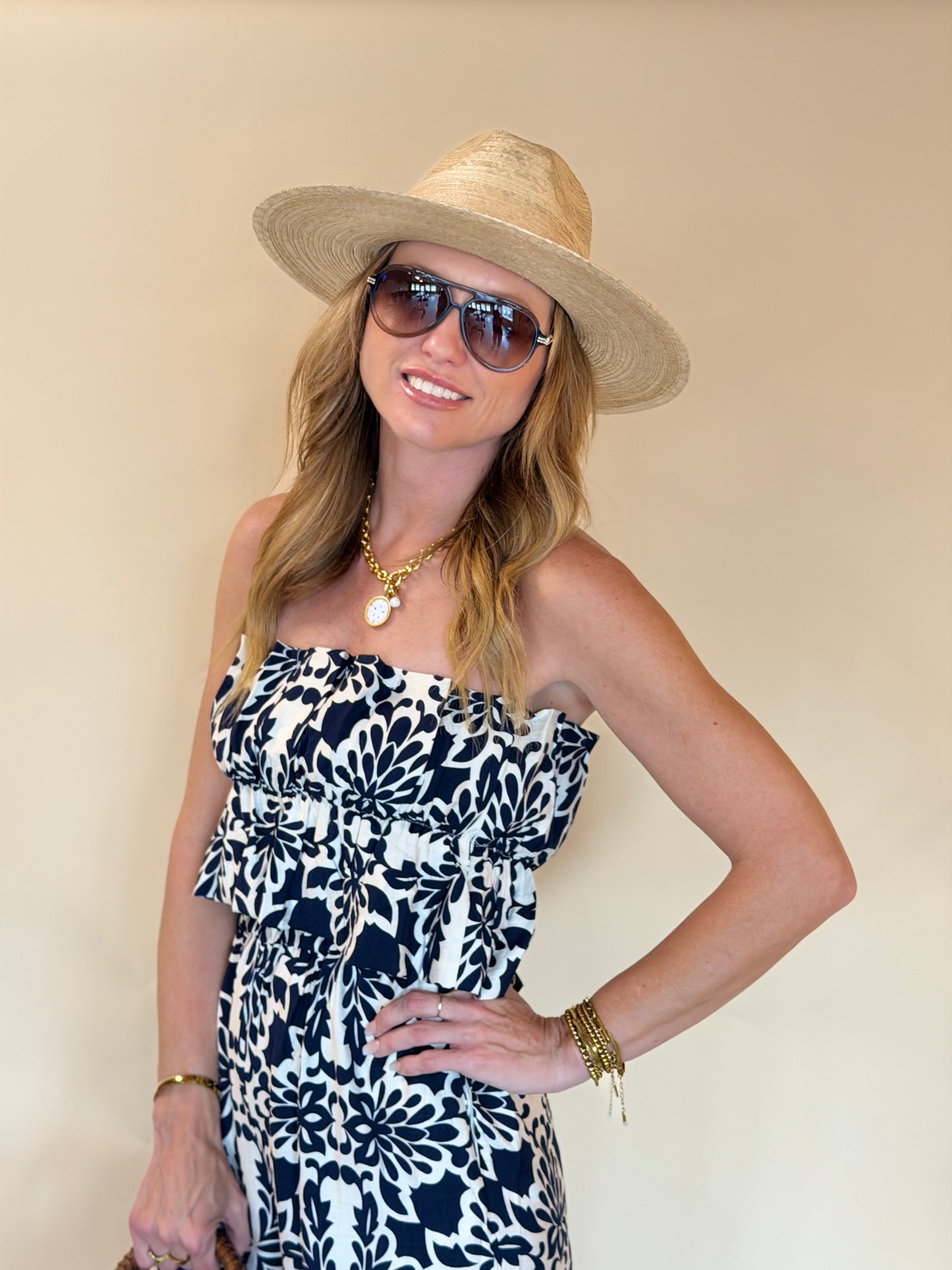Navy Print Strapless Jumpsuit