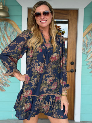 Navy Floral Print Hemline Detail Dress