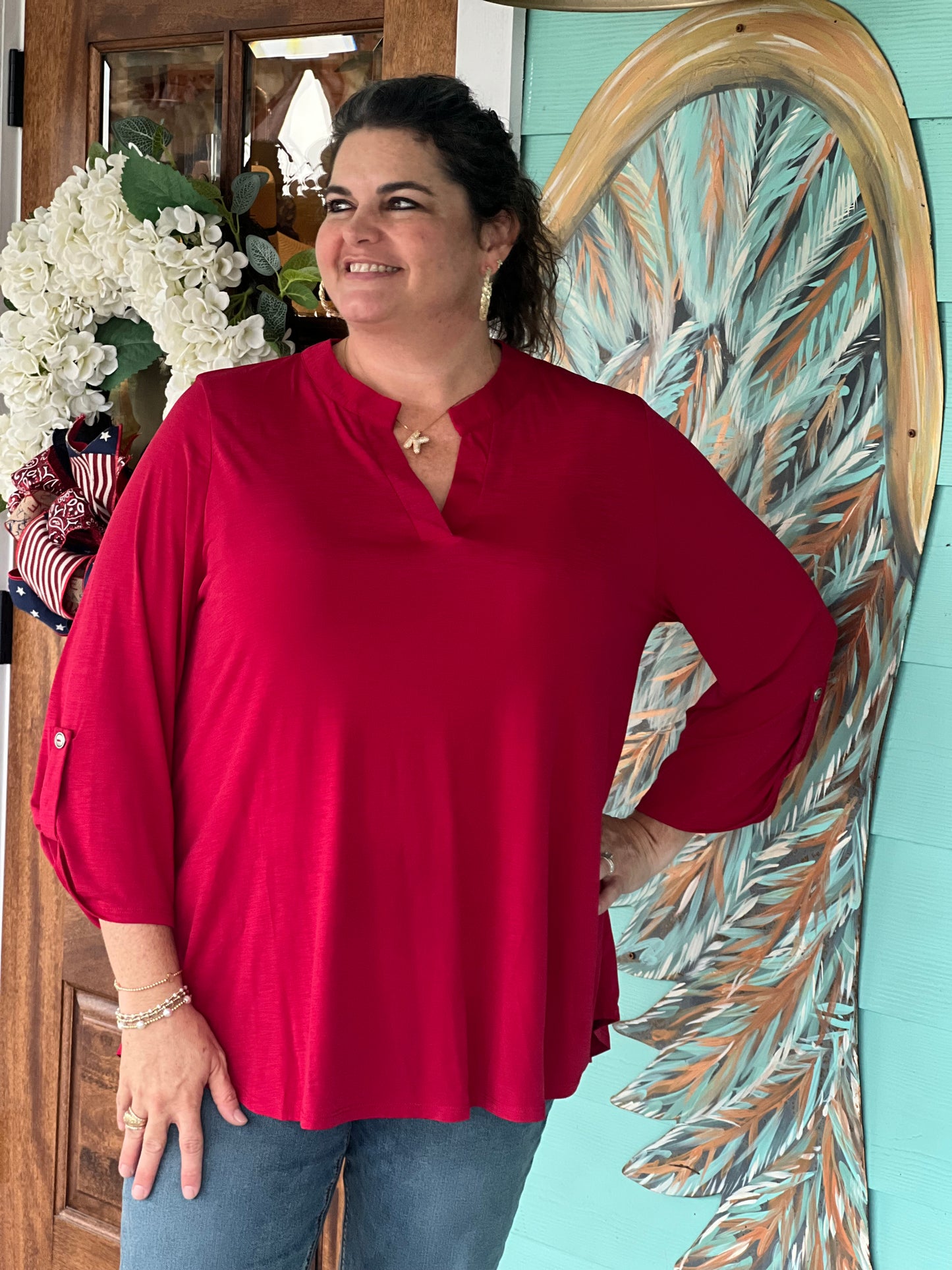 Lizzy Jewel Red Print 3/4 Sleeve Top