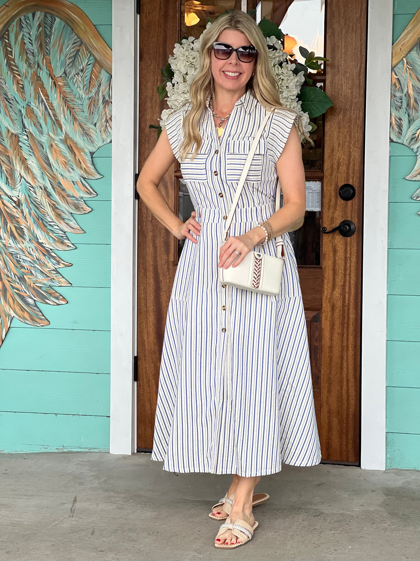 Blue Striped Top Stitch Midi Dress
