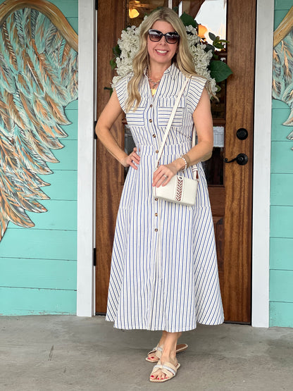 Blue Striped Top Stitch Midi Dress