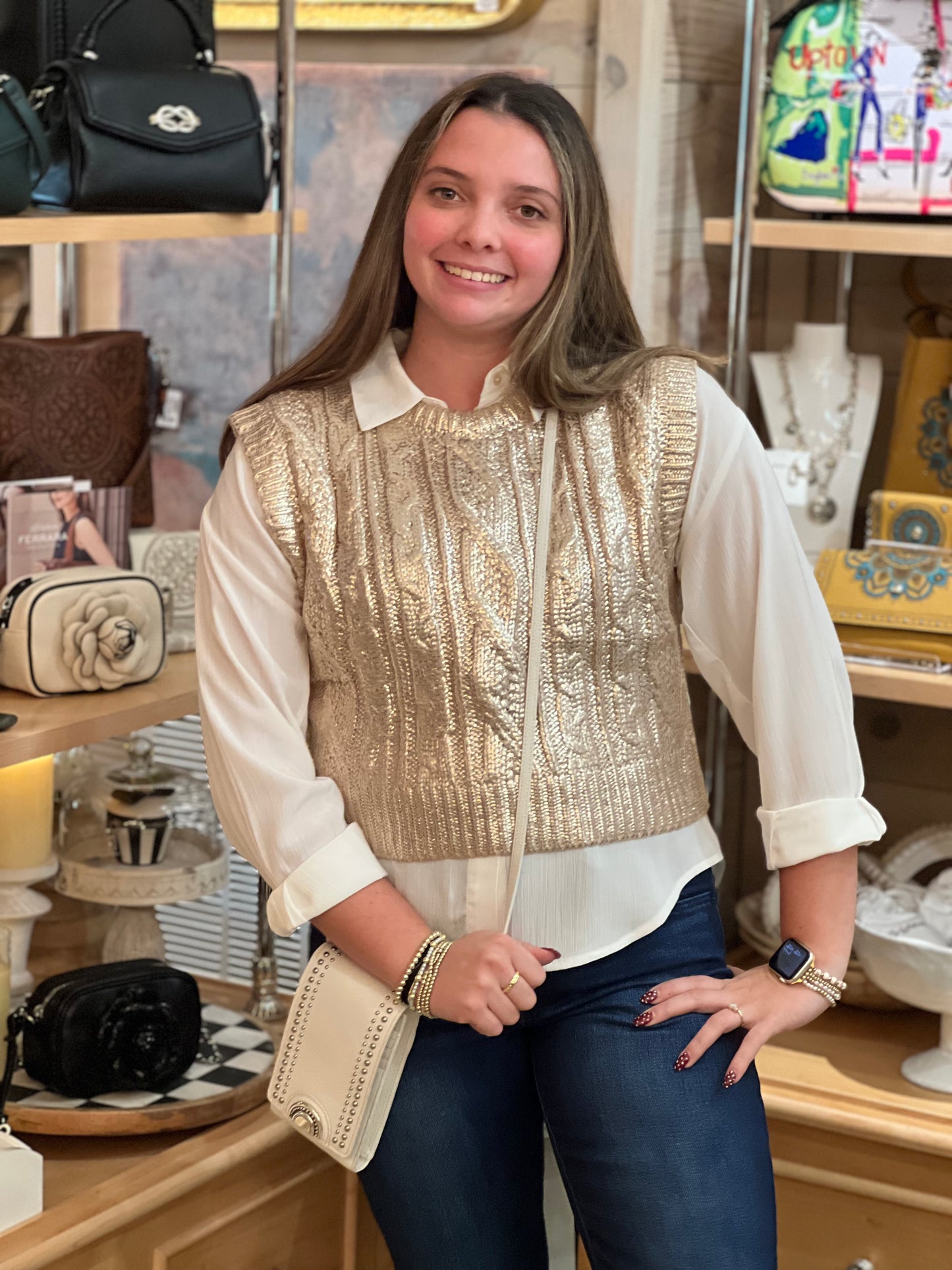 Gold Cable Knit Metallic Sweater