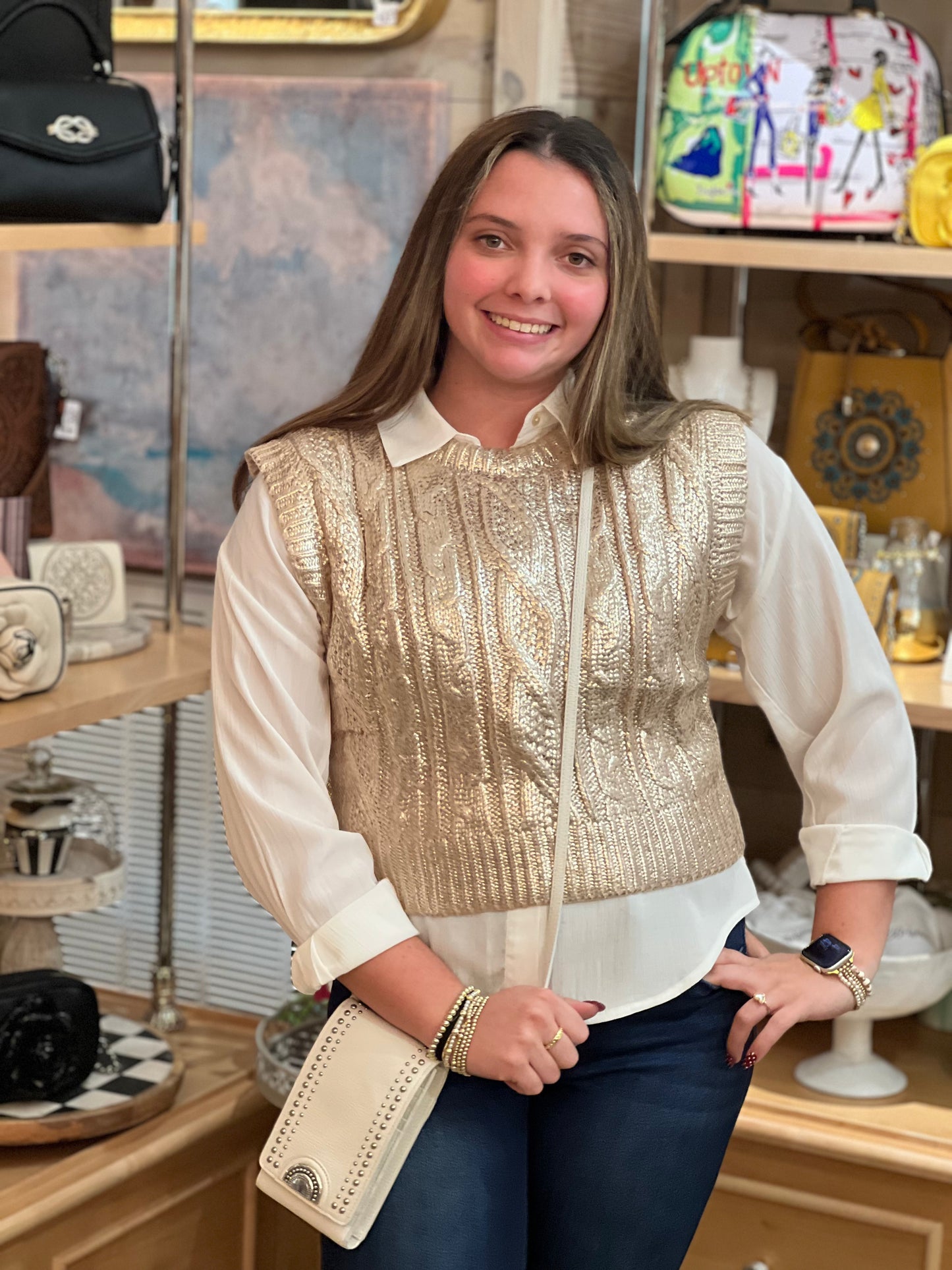 Gold Cable Knit Metallic Sweater