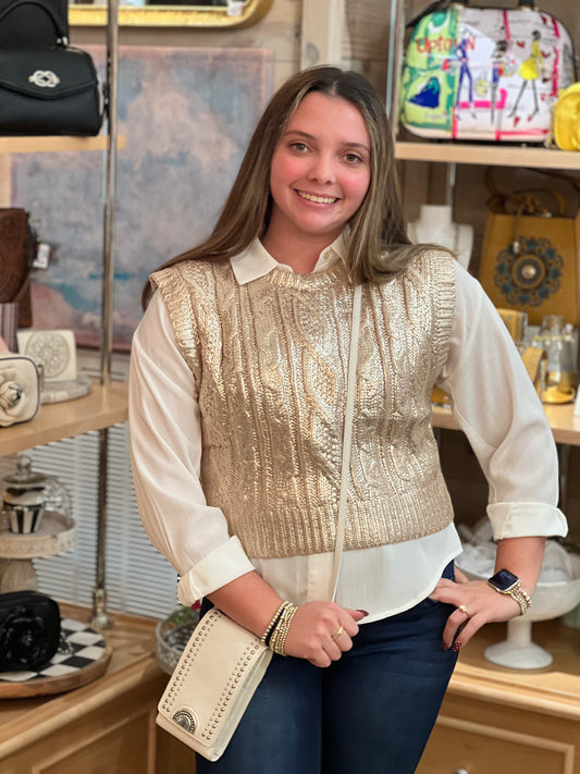 Gold Cable Knit Metallic Sweater