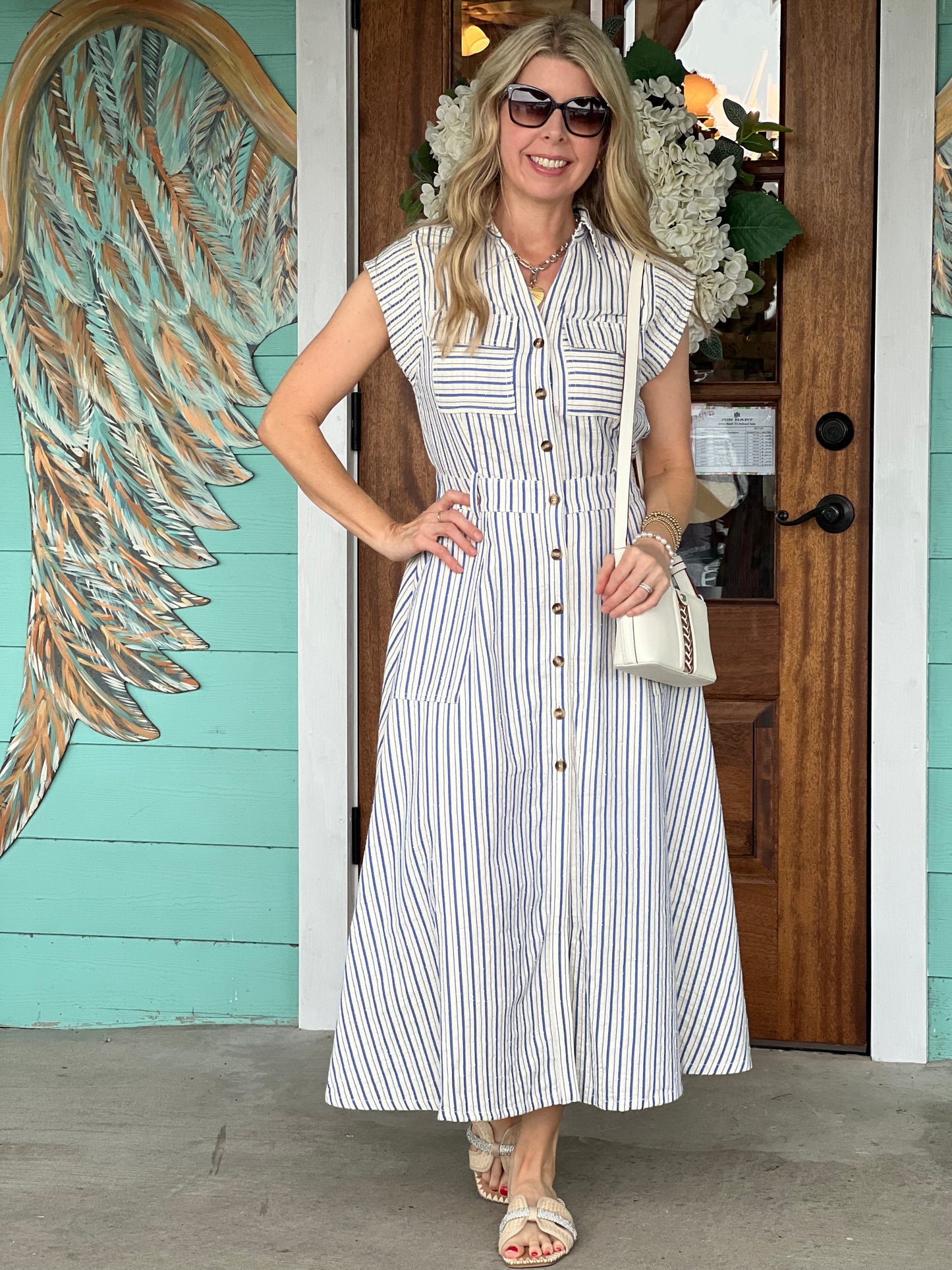 Blue Striped Top Stitch Midi Dress